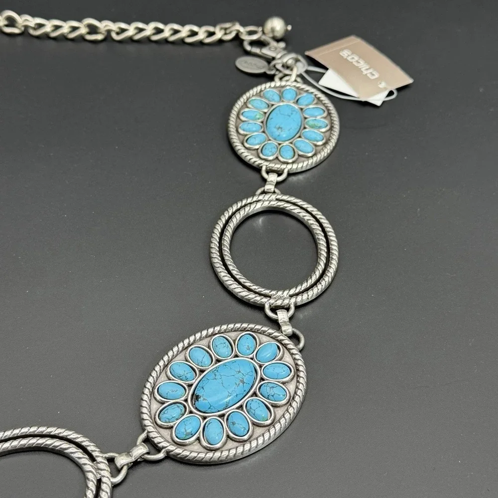 Chico's Women Belt Sm/Md Turquoise Stone Silver Medallion Southwestern Style NWT
